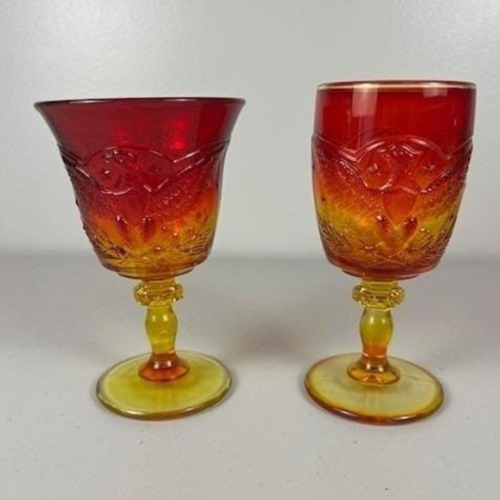 Vintage L.E. Smith Red Amberina American Eagle Wine‎ Water Goblet Glass MCM Set